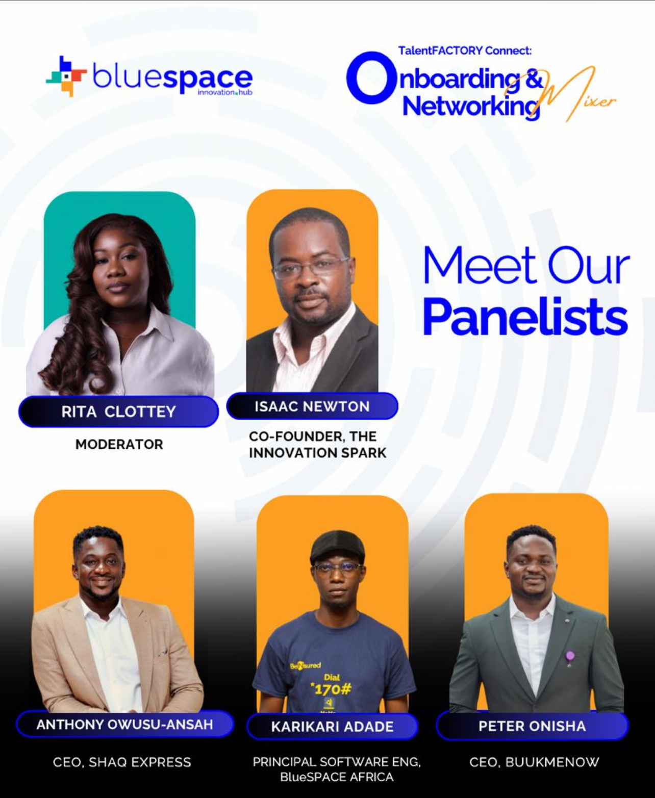 Flyer: TalentFACTORY Connect onboarding and networking mixer panel, Rita Clottey as moderator
