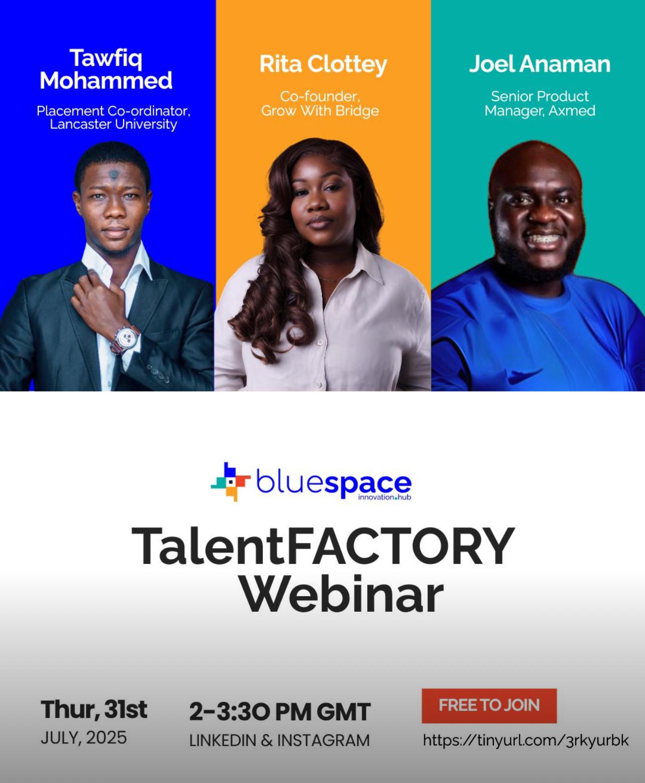 Flyer: TalentFACTORY webinar with Rita Clottey, Co-founder of Grow With Bridge
